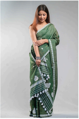 Wrap And Weft-Bottle Green Mekhela Chador