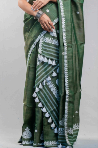 Wrap And Weft-Bottle Green Mekhela Chador