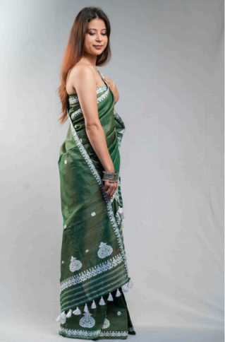 Wrap And Weft-Bottle Green Mekhela Chador