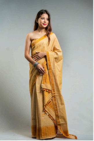 Wrap And Weft-Beige Brown Mekhela Chador