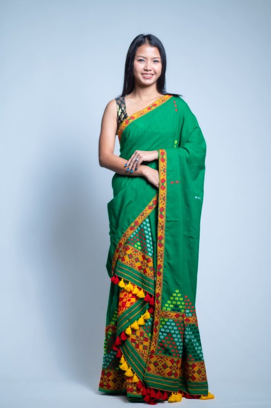 Mising Design Mekhela Sador Pure Cotton in Green