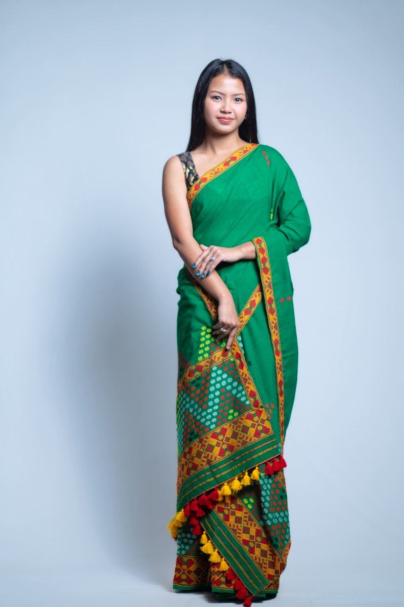 Mising Design Mekhela Sador Pure Cotton in Green thumbnail 2