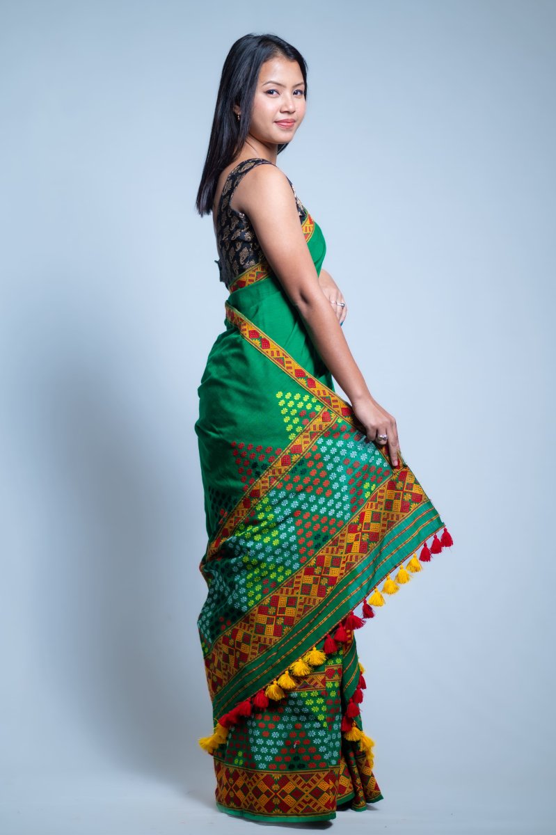 Mising Design Mekhela Sador Pure Cotton in Green thumbnail 4