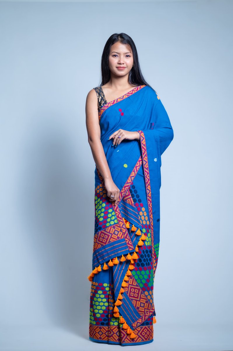 Mising Design Mekhela Sador Pure Cotton in Blue thumbnail 3
