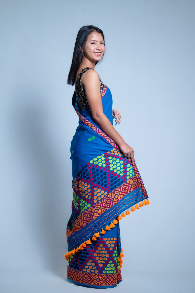 Mising Design Mekhela Sador Pure Cotton in Blue thumbnail 4