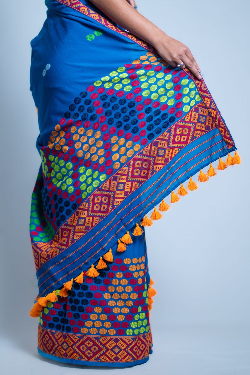 Mising Design Mekhela Sador Pure Cotton in Blue thumbnail 5