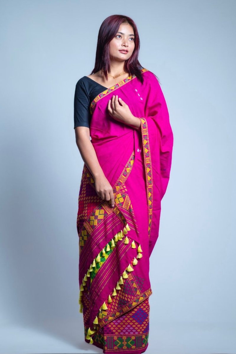 Mising Design Mekhela Sador Pure Cotton in Pink thumbnail 2