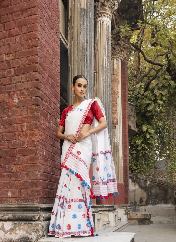 Ready To Wear Mekhela Sador Cotton by Nooni Silk in White