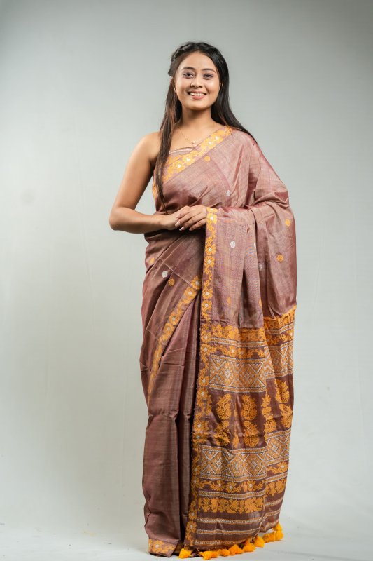 Cotton by Tussar Silk Saree in Antique Mauve Color