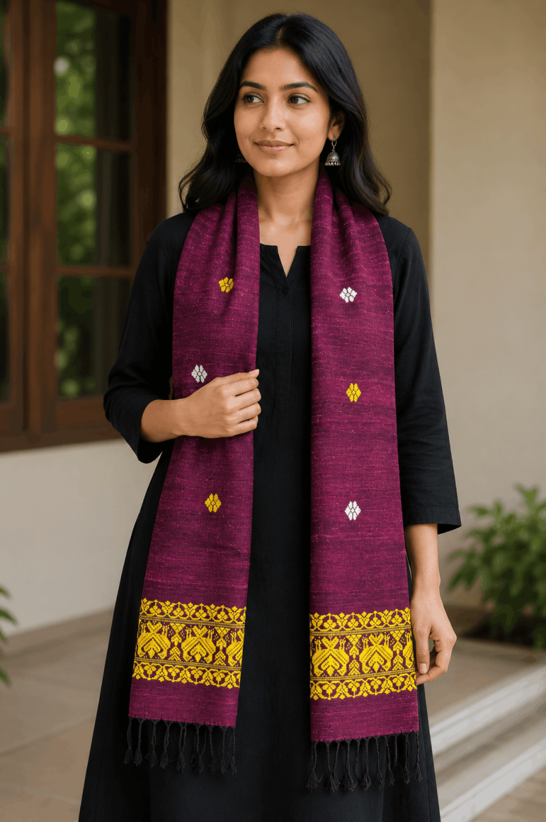 Cotton by Eri Stole Magenta with Mustard Yellow Borders thumbnail 3