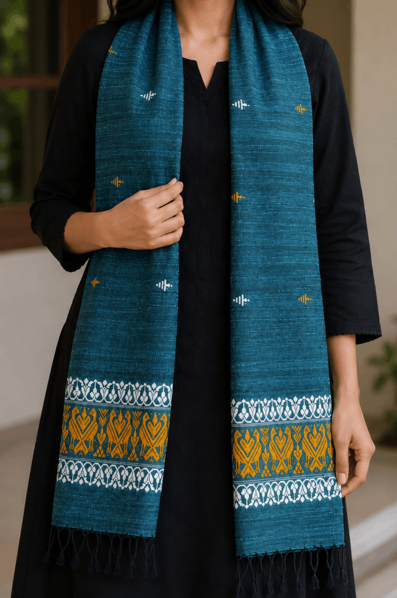 Cotton by Eri Stole Deep Teal with Mustard Yellow Borders thumbnail 2